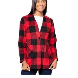 Denim & Co. Red Black Fleece Lumberjack Relaxed Long Sleeve Coat Jacket Med NWOT